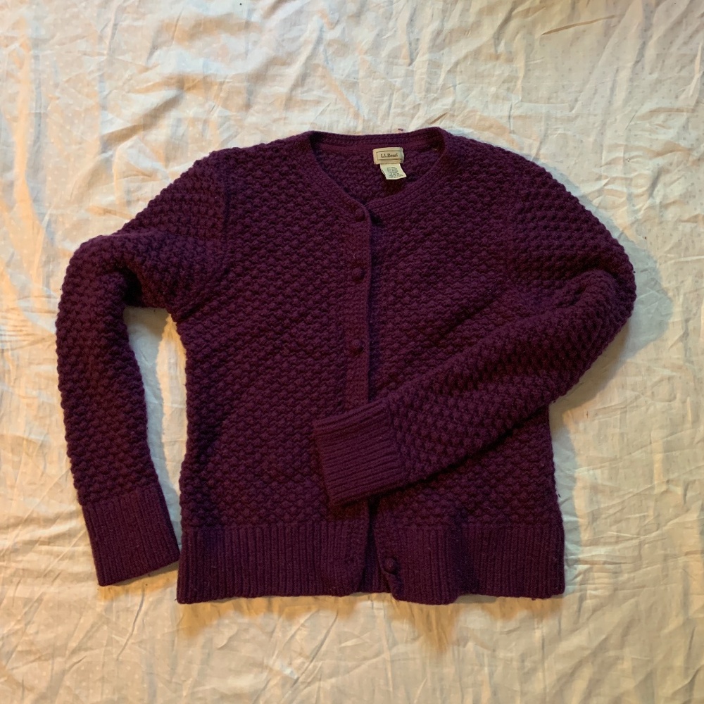 L.L. Bean long sleeve cardigan, wool blend, purple, size L